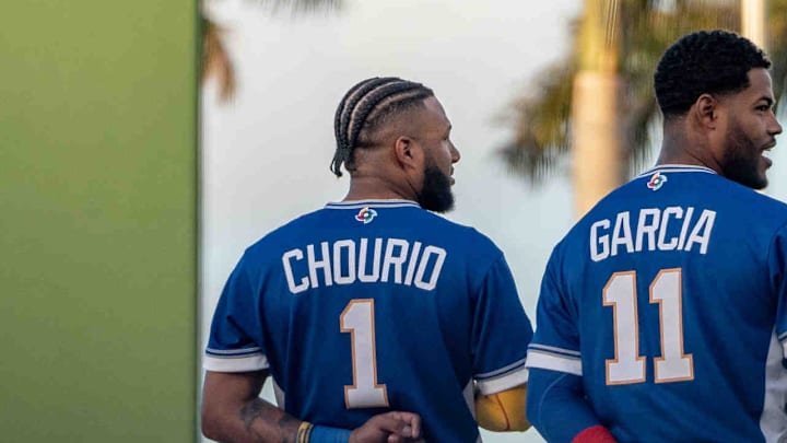 The Venezuela national baseball team stands for the national anthem before their game against the Houston Astros during the World Baseball Classic at CACTI Park of the Palm Beaches in West Palm Beach, Fla., on March 4, 2026. Astros won the game 3-1.