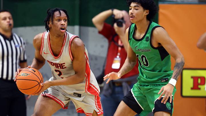 Jan 2, 2026; Mesa, AZ, USA; Arizona Compass Prep guard Kaden House (10) defends against Spire Institute (OH) guard King Gibson (2) during the HoopHall West Tournament at Skyline High School. Mandatory Credit: Mark J. Rebilas-Imagn Images Jan 2, 2026; Mesa, AZ, USA; Arizona Compass Prep guard Kaden House (10) defends against Spire Institute (OH) guard King Gibson (2) during the HoopHall West Tournament at Skyline High School. Mandatory Credit: Mark J. Rebilas-Imagn Images