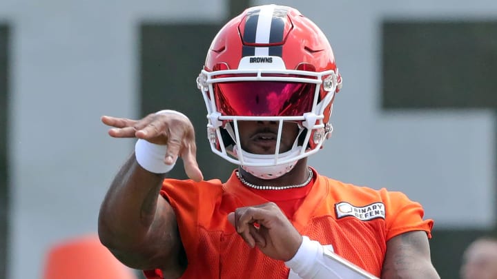 Browns quarterback Deshaun Watson throws a pass during minicamp, Thursday, June 13, 2024, in Berea.