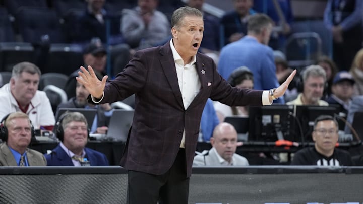 Mar 27, 2025; San Francisco, CA, USA; Arkansas Razorbacks head coach John Calipari watches play downcourt during the first half against the Texas Tech Red Raiders during a West Regional semifinal of the 2025 NCAA tournament at Chase Center. Mandatory Credit: Kyle Terada-Imagn Images