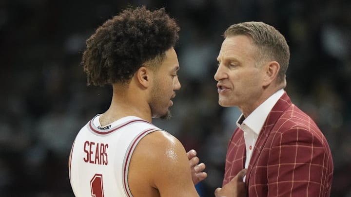 Mar 24, 2024; Spokane, WA, USA; Alabama Crimson Tide guard Mark Sears (1) talks to head coach Nate Oates. 