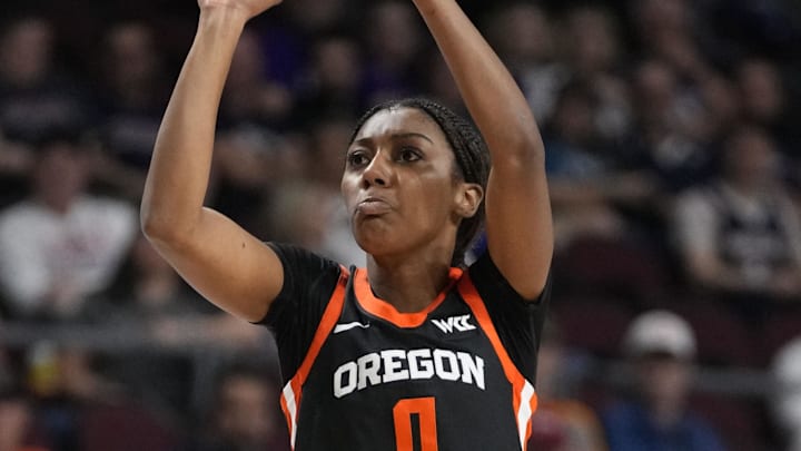 March 10, 2025; Las Vegas, NV, USA; Oregon State Beavers guard Tiara Bolden (0) shoots the basketball against the Gonzaga Bulldogs during the first half in the semifinal of the West Coast Conference tournament at Orleans Arena. Mandatory Credit: Kyle Terada-Imagn Images March 10, 2025; Las Vegas, NV, USA; Oregon State Beavers guard Tiara Bolden (0) shoots the basketball against the Gonzaga Bulldogs during the first half in the semifinal of the West Coast Conference tournament at Orleans Arena. Mandatory Credit: Kyle Terada-Imagn Images