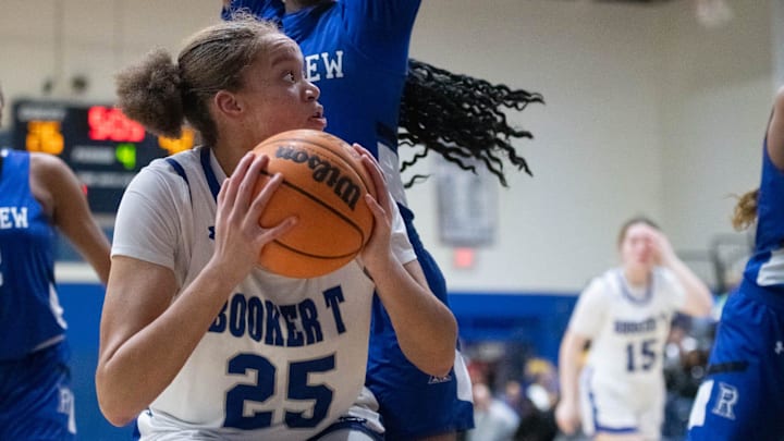 Chamiah Francis (25) looks to shoot during the Ridgeview vs Washington girls 5A Regional Semifinals basketball game at Booker T. Washington High School in Pensacola on Monday, Feb. 19, 2024.