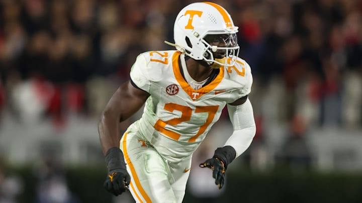 Nov 16, 2024; Athens, Georgia, USA; Tennessee Volunteers defensive lineman James Pearce Jr. (27) rushes the passer against the Georgia Bulldogs in the second quarter at Sanford Stadium. Mandatory Credit: Brett Davis-Imagn Images