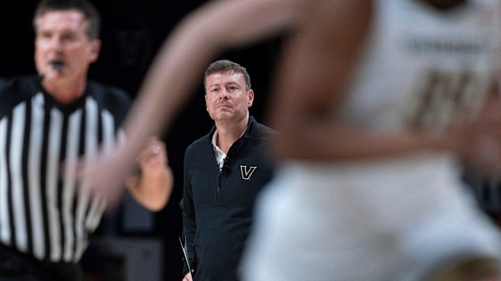 Vanderbilt coach Mark Byington works the sideline during the first half of their exhibition game against Virginia at Memorial Gym in Nashville, Tenn., Thursday, Oct. 16, 2025.
