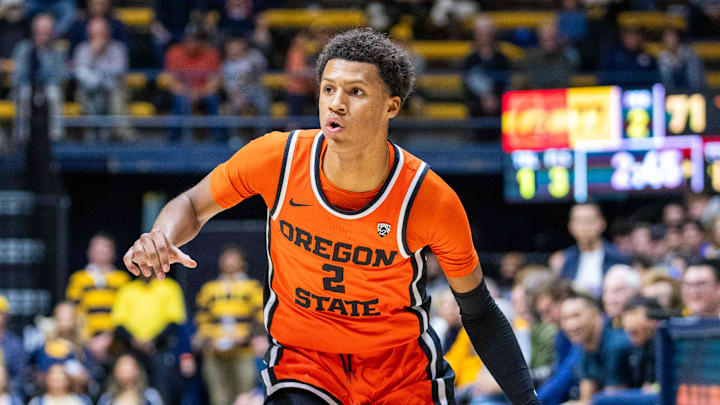 February 22, 2024; Berkeley, California, USA; Oregon State Beavers guard Josiah Lake II (2) dribbles the basketball during the second half against the California Golden Bears at Haas Pavilion. Mandatory Credit: Kyle Terada-Imagn Images
