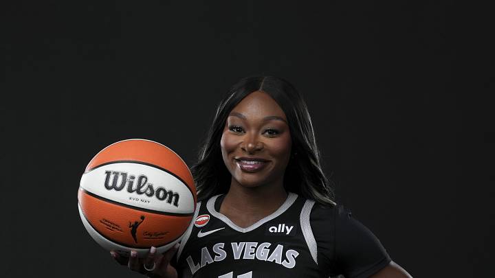 Apr 28, 2026; Las Vegas, NV, USA; Las Vegas Aces guard Dana Evans (11) poses for a photo during the 2026 Las Vegas Aces Media Day.Mandatory Credit: Lucas Peltier-Imagn Images