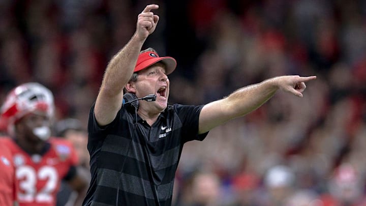 Georgia head coach Kirby Smart shouts to his players during the Sugar Bowl against Texas on Jan. 1, 2019 in New Orleans, Louisiana. Georgia head coach Kirby Smart shouts to his players during the Sugar Bowl against Texas on Jan. 1, 2019 in New Orleans, Louisiana.