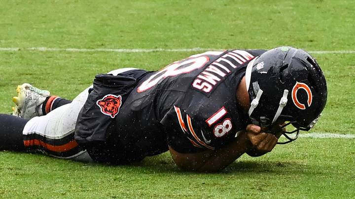 Chicago Bears quarterback Caleb Williams (18) lies on the field with an apparent injury against the Minnesota Vikings during the second half at Soldier Field. Mandatory Credit: Matt Marton-Imagn Images Chicago Bears quarterback Caleb Williams (18) lies on the field with an apparent injury against the Minnesota Vikings during the second half at Soldier Field. Mandatory Credit: Matt Marton-Imagn Images
