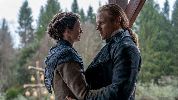 Caitríona Balfe (Claire Fraser) and Sam Heughan (Jamie Fraser) in Outlander season 8