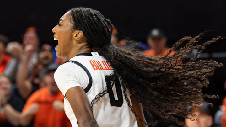 Oregon State's Tiara Bolden (0) celebrates making the shot and getting the foul during an NCAA basketball game at Gill Coliseum on Thursday, Jan. 9, 2025, in Corvallis, Ore. Oregon State's Tiara Bolden (0) celebrates making the shot and getting the foul during an NCAA basketball game at Gill Coliseum on Thursday, Jan. 9, 2025, in Corvallis, Ore.
