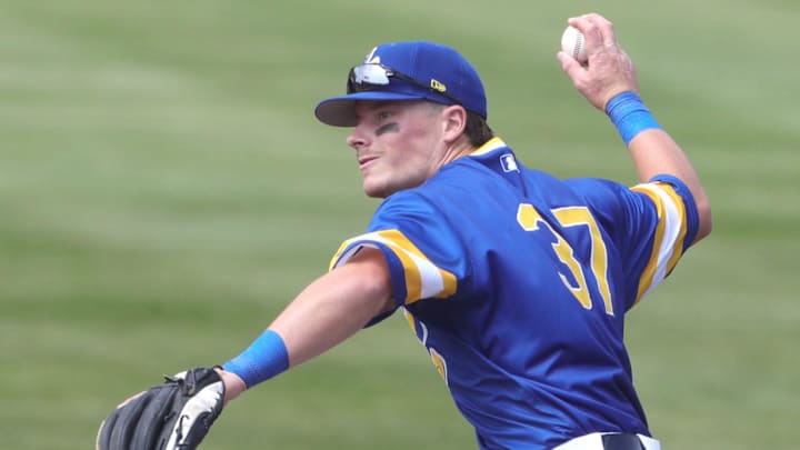 RubberDucks second baseman Travis Bazzana throws to first base in a game against the Altoona Curve on April 13, 2025, in Akron, Ohio.