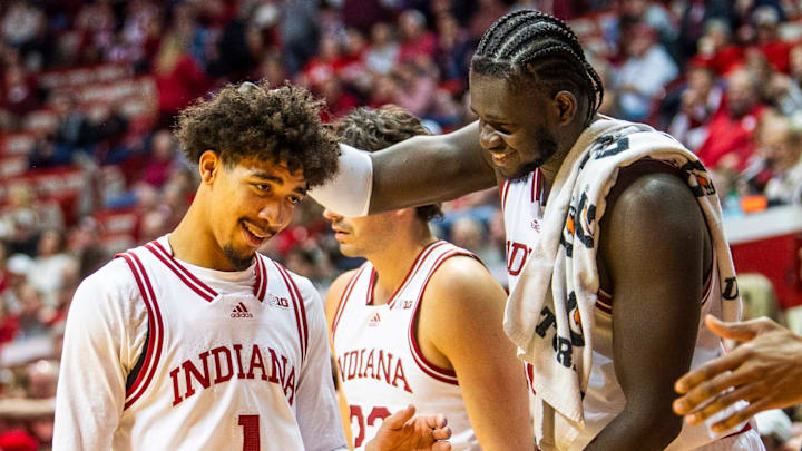 Indiana's Oumar Ballo (11) celebrates with Myles Rice )1) at the end of the game during the Indiana versus Miami (Ohio) men's basketball game at Simon Skjodt Assembly Hall on Friday, Dec. 6, 2024.