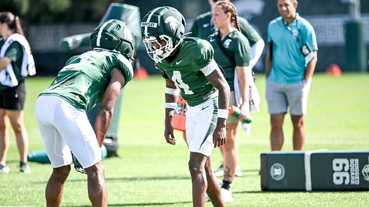 Michigan State’s defensive backs Charles Brantley, right, and Tre Bell III lineup for a drill during football practice on Monday, Aug. 17, 2026, in East Lansing. Michigan State’s defensive backs Charles Brantley, right, and Tre Bell III lineup for a drill during football practice on Monday, Aug. 17, 2026, in East Lansing.
