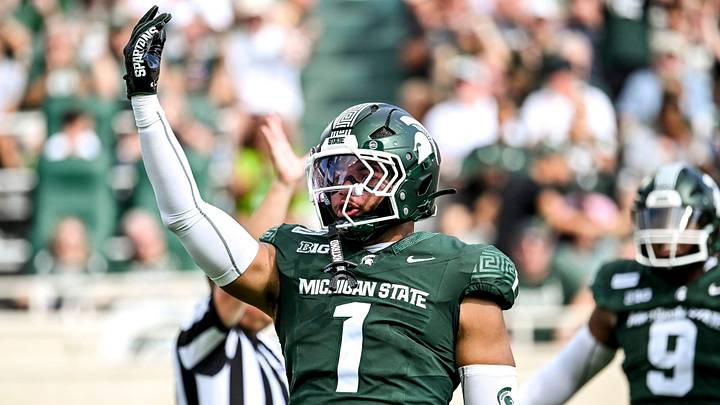 Michigan State’s Kenny Soares Jr. celebrates his sack against Eastern Michigan during the first quarter on Saturday, Sept. 12, 2026, at Spartan Stadium in East Lansing.