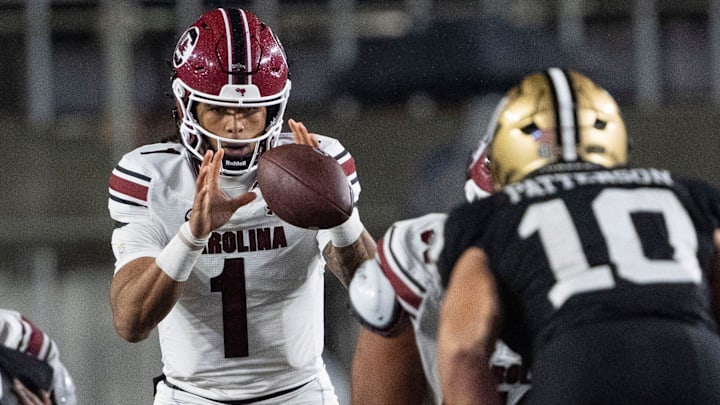 South Carolina Gamecocks quarterback Robby Ashford (1) takes the snap as he plays against Vanderbilt Commodores during the second half at FirstBank Stadium in Nashville, Tenn., Saturday, Nov. 9, 2024.