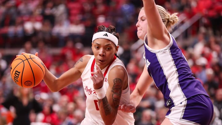 Texas Tech's Snudda Collins handles the ball against Kansas State during a Big 12 Conference women's basketball game, Saturday, Jan. 17, 2026, in United Supermarkets Arena.