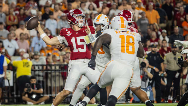 Ty Simpson faces pressure against the Tennessee defense