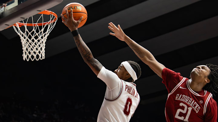 Alabama guard Labaron Philon Jr sinks a lay up in the first half of the game against Arkansas on Feb. 18, 2026.