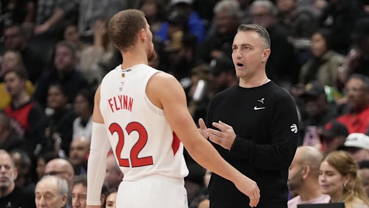 Oct 20, 2023; Toronto, Ontario, CAN; Toronto Raptors head coach Darko Rajakovic talks to guard