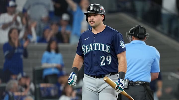 Oct 20, 2025; Toronto, Ontario, CAN; Seattle Mariners catcher Cal Raleigh (29) reacts after a strikeout in the first inning against the Toronto Blue Jays during game seven of the ALCS round for the 2025 MLB playoffs at Rogers Centre. Mandatory Credit: Nick Turchiaro-Imagn Images Oct 20, 2025; Toronto, Ontario, CAN; Seattle Mariners catcher Cal Raleigh (29) reacts after a strikeout in the first inning against the Toronto Blue Jays during game seven of the ALCS round for the 2025 MLB playoffs at Rogers Centre. Mandatory Credit: Nick Turchiaro-Imagn Images