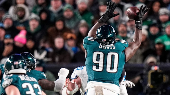 Philadelphia Eagles defensive tackle Jordan Davis bats a pass from quarterback Jared Goff during the first half at Lincoln Financial Field in Philadelphia on Sunday, November 16, 2025.