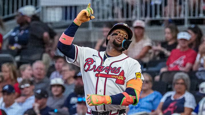 Sep 8, 2026; Cumberland, Georgia, USA; Atlanta Braves right fielder Ronald Acuna Jr. (13) reacts after hitting a single against the Tampa Bay Rays during the first inning at Truist Park. Mandatory Credit: Dale Zanine-Imagn Images Sep 8, 2026; Cumberland, Georgia, USA; Atlanta Braves right fielder Ronald Acuna Jr. (13) reacts after hitting a single against the Tampa Bay Rays during the first inning at Truist Park. Mandatory Credit: Dale Zanine-Imagn Images