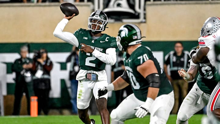 Michigan State's Aidan Chiles throws a pass against Ohio State during the second quarter on Saturday, Sept. 28, 2024, at Spartan Stadium in East Lansing.