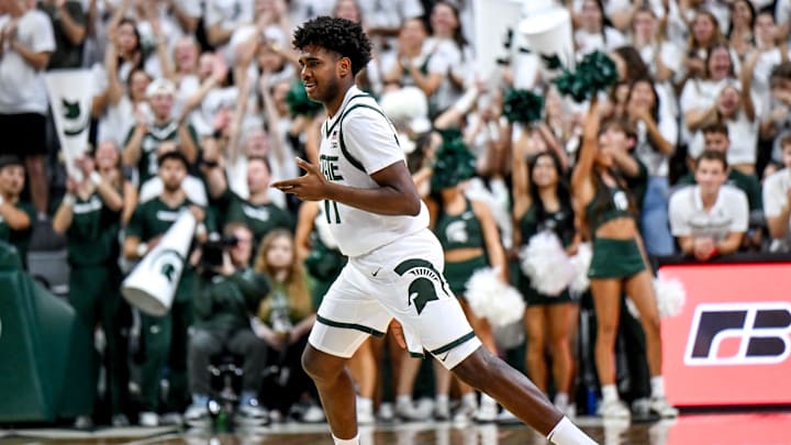 Michigan State's Jase Richardson celebrates his 3-pointer against Ferris State during the first half on Tuesday, Oct. 29, 2024, in East Lansing.