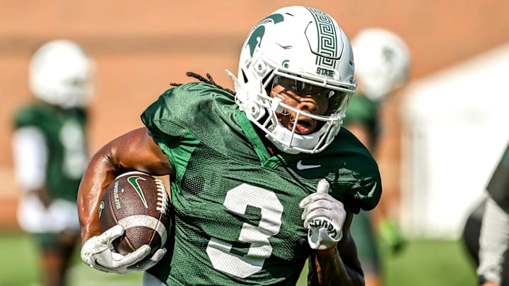 Michigan State's Rodney Bullard Jr. runs with the ball during football practice on Monday, Aug. 11, 2025, in East Lansing.