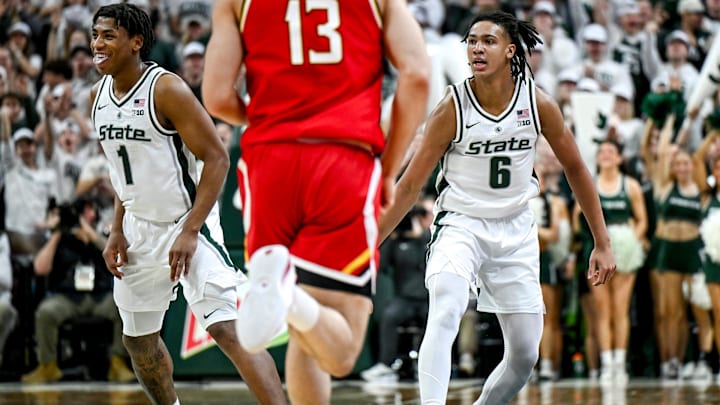Michigan State's Jordan Scott, right, celebrates his 3-pointer with Jeremy Fears Jr., left, against Maryland during the first half on Saturday, Jan. 24, 2026, at the Breslin Center in East Lansing. Michigan State's Jordan Scott, right, celebrates his 3-pointer with Jeremy Fears Jr., left, against Maryland during the first half on Saturday, Jan. 24, 2026, at the Breslin Center in East Lansing.