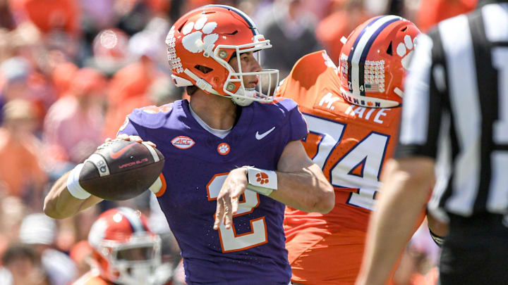 Apr 6, 2024; Clemson, South Carolina, USA; Clemson Tigers quarterback Cade Klubnik (2) drops back to pass during the first quarter of the Clemson spring football game at Memorial Stadium. Mandatory Credit: Ken Ruinard-USA TODAY Sports
