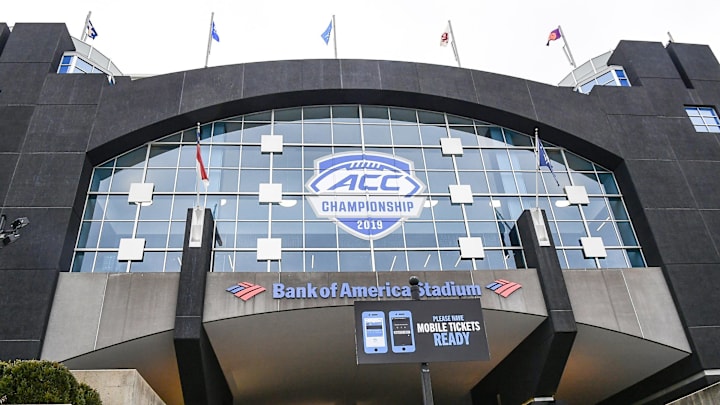 An ACC Championship logo on the side of Bank of America Stadium in Charlotte, North Carolina Friday,