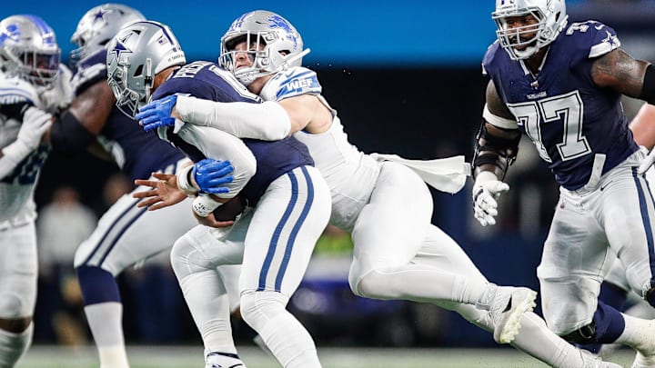 Lions defensive end Aidan Hutchinson sacks Cowboys quarterback Dak Prescott. Lions defensive end Aidan Hutchinson sacks Cowboys quarterback Dak Prescott.