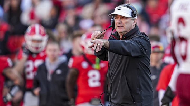Nov 23, 2024; Athens, Georgia, USA; Georgia Bulldogs head coach Kirby Smart reacting on the sideline against the Massachusetts Minutemen during the second half at Sanford Stadium. Mandatory Credit: Dale Zanine-Imagn Images Nov 23, 2024; Athens, Georgia, USA; Georgia Bulldogs head coach Kirby Smart reacting on the sideline against the Massachusetts Minutemen during the second half at Sanford Stadium. Mandatory Credit: Dale Zanine-Imagn Images