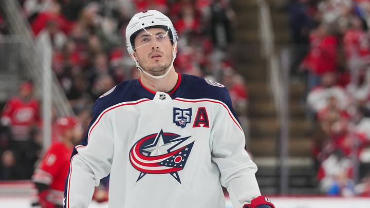 Dec 9, 2025; Raleigh, North Carolina, USA; Columbus Blue Jackets defenseman Zach Werenski (8) looks up against the Carolina Hurricanes during the second period at Lenovo Center. Mandatory Credit: James Guillory-Imagn Images Dec 9, 2025; Raleigh, North Carolina, USA; Columbus Blue Jackets defenseman Zach Werenski (8) looks up against the Carolina Hurricanes during the second period at Lenovo Center. Mandatory Credit: James Guillory-Imagn Images