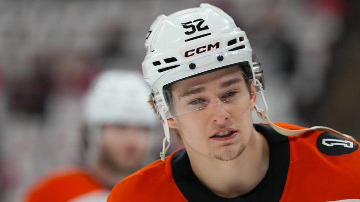 May 2, 2026; Raleigh, North Carolina, USA; Philadelphia Flyers center Denver Barkey (52) skates during the warmups before the game against the Carolina Hurricanes at Lenovo Center. Mandatory Credit: James Guillory-Imagn Images