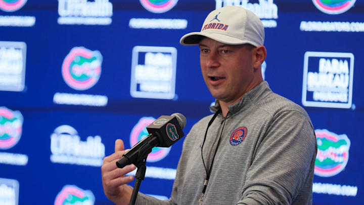 Florida head coach Jon Sumrall speaks during a press conference after the first day of Florida Spring football practice at Heavener Football Center in Gainesville, FL on Tuesday, March 3, 2026. [Alan Youngblood/Gainesville Sun]