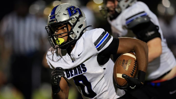 Bartram Trail's Arthur Lewis IV (0) rushes for yards during the first quarter of a high school football matchup Thursday, Nov. 7, 2024 at Nease High School in Ponte Vedra Beach, Fla. The Nease Panthers held off the Bartram Trail Bears 56-42.