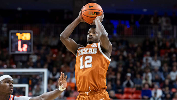 Texas Longhorns guard Tramon Mark (12) takes a jump shot as Auburn Tigers take on Texas Longhorns at Neville Arena in Auburn, Ala. on Wednesday, Jan. 28, 2026. 