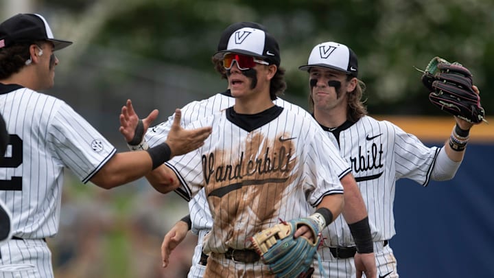 Vanderbilt Commodores players celebrate victory as Vanderbilt Commodores take on Tennessee Volunteer during the SEC baseball tournament at Hoover Met in Birmingham, Ala., on Saturday, May 24, 2025. Vanderbilt Commodores defeated Tennessee Volunteer 10-0 in 7 innings.