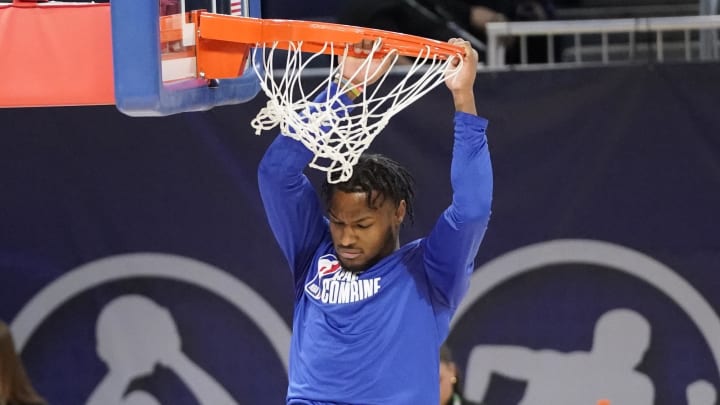 May 15, 2024; Chicago, IL, USA; Bronny James participates in the 2024 NBA Draft Combine at Wintrust Arena. 