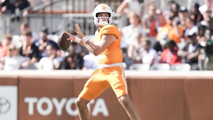 Tennessee quarterback Jake Merklinger (12) looks to pass during a college football game between Tennessee and UAB at Neyland Stadium in Knoxville, Tenn., on Sept. 20, 2025.