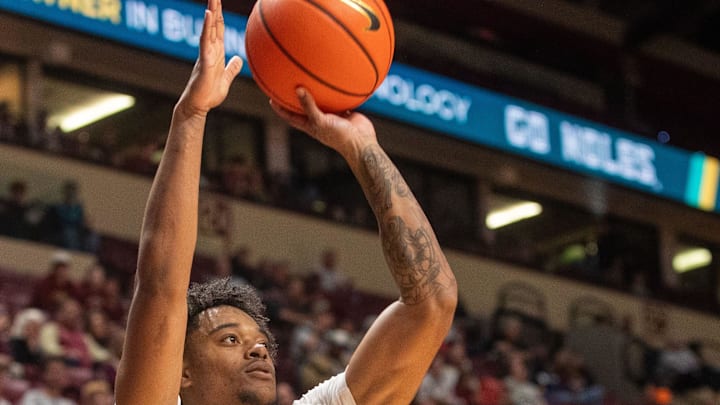 Florida State Seminoles guard Martin Somerville (1) shoots for three. The Florida State Seminoles defeated the Alcorn State Braves 108-76 on Tuesday, Nov. 4, 2025.