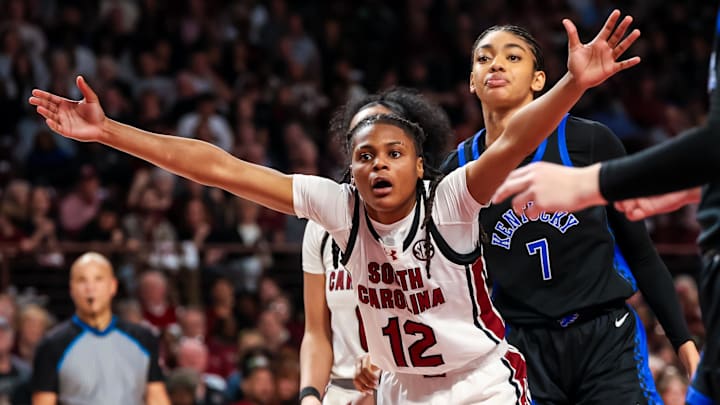 Mar 2, 2025; Columbia, South Carolina, USA; South Carolina Gamecocks guard MiLaysia Fulwiley (12) disputes a call against the Kentucky Wildcats in the second half at Colonial Life Arena. Mandatory Credit: Jeff Blake-Imagn Images
