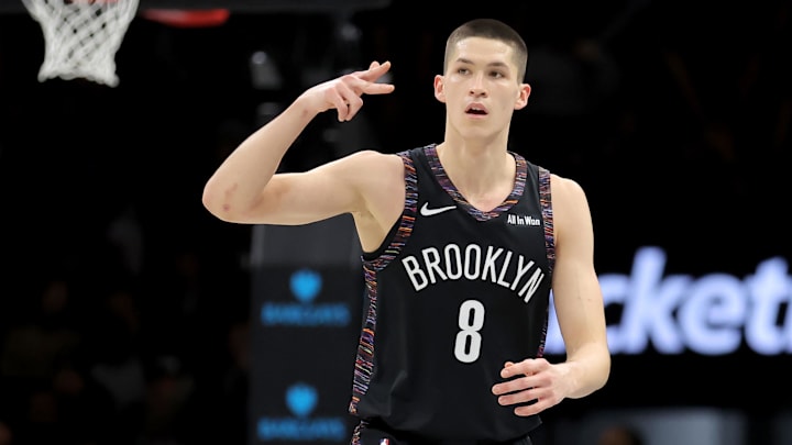 Jan 9, 2026; Brooklyn, New York, USA; Brooklyn Nets guard Egor Demin (8) celebrates his three point shot against the Los Angeles Clippers during the third quarter at Barclays Center. Mandatory Credit: Brad Penner-Imagn Images