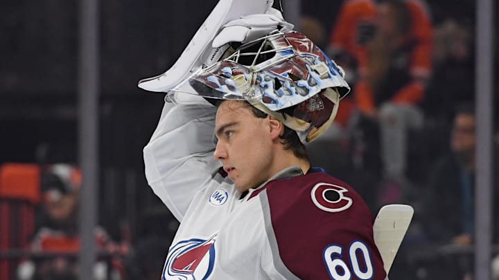 Nov 18, 2024; Philadelphia, Pennsylvania, USA; Colorado Avalanche goaltender Justus Annunen (60) against the Philadelphia Flyers at Wells Fargo Center. Mandatory Credit: Eric Hartline-Imagn Images