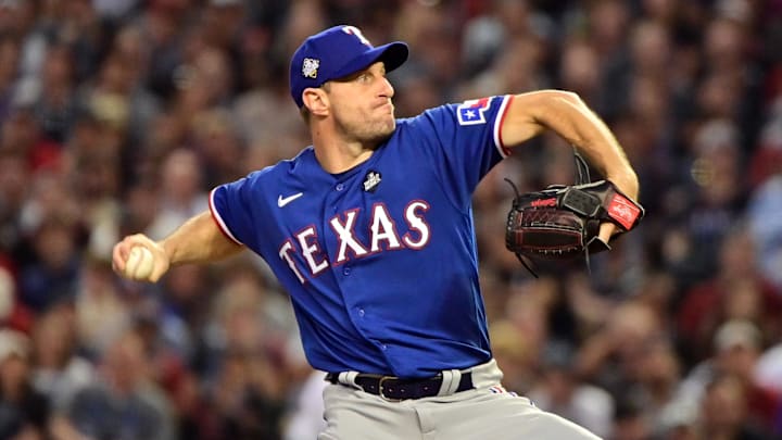 Oct 30, 2023; Phoenix, Arizona, USA; Texas Rangers starting pitcher Max Scherzer