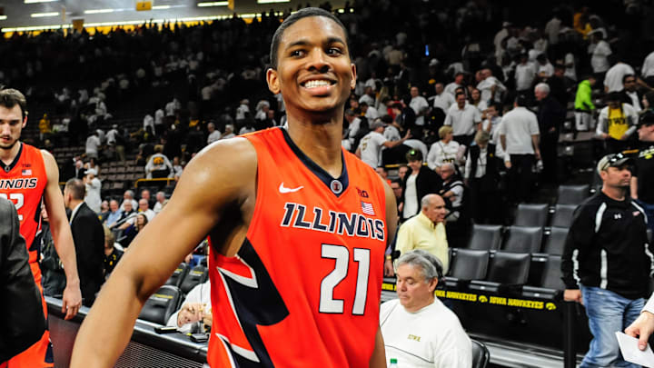 Feb 18, 2017; Iowa City, IA, USA; Illinois Fighting Illini guard Malcolm Hill (21) celebrates after the game against the Iowa Hawkeyes at Carver-Hawkeye Arena. Illinois won 70-66. Mandatory Credit: Jeffrey Becker-Imagn Images
