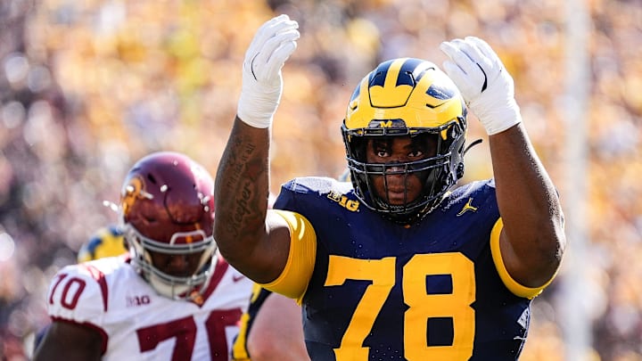 Michigan defensive lineman Kenneth Grant (78) celebrates a tackle against USC during the first half at Michigan Stadium in Ann Arbor on Saturday, Sept. 21, 2024. Michigan defensive lineman Kenneth Grant (78) celebrates a tackle against USC during the first half at Michigan Stadium in Ann Arbor on Saturday, Sept. 21, 2024.